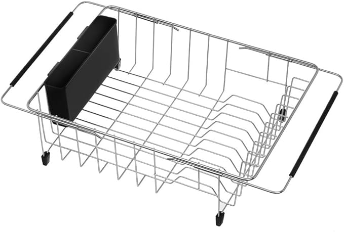 SANNO Dish Drying Rack, Large Dish Rack Adjustable Deep Dish Drainer with Removable Silverware Holder, Deep Large Dish Rack in Sink On Counter, Expandable Arms, Stainless Steel
