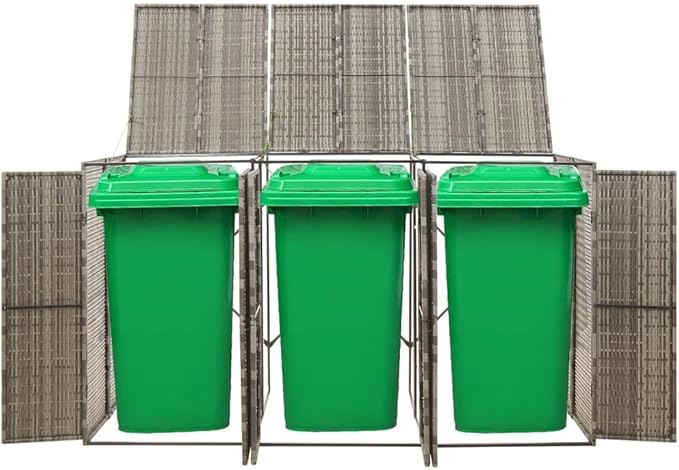 Triple Wheelie Bin Shed Garbage Can Storage Shed, PE Trash Container Management Unit, Outdoor Patio Recycling Dustbin Trash Shed, Gray 81.5"x31.5"x46.1" Poly Rattan