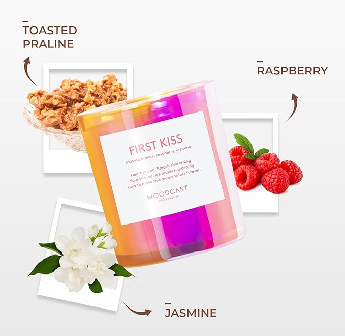 Moodcast First Kiss Scented Candle - Aesthetic Candle for Home, Jasmine, Raspberry & Toasted Praline, Clean Coco Wax Blend, Vegan, Paraben Free, 45-Hour Long Lasting Burn - 8oz