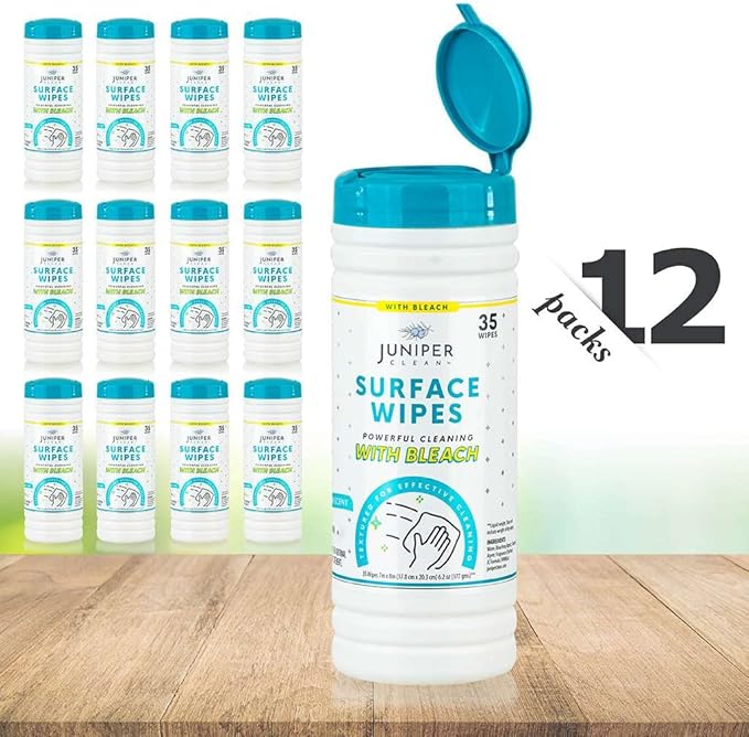 Juniper CLEAN 12 Pack Surface Cleaning Wipes with Bleach, All-Purpose Cleaner for Bathroom, Kitchen, Office, 420 Count Canister, 7.5" x 7" Sheet, Fresh Scent, Lint Free & Durable