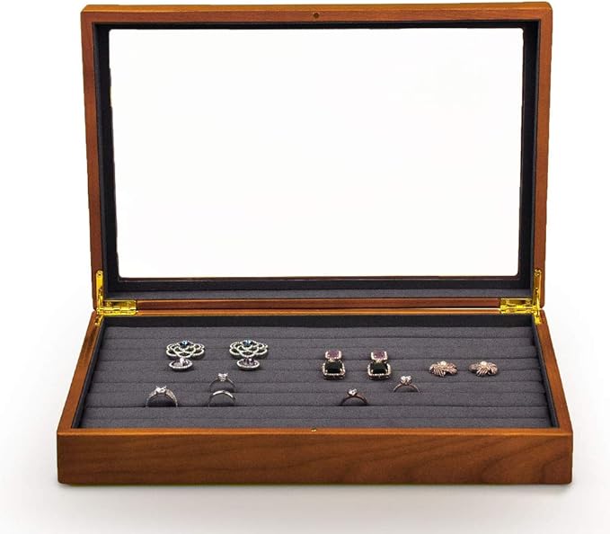 Oirlv Solid Wood Jewelry Display Box Rings Earrings Organizer Case with Acrylic Lid Vintage Gift for Women