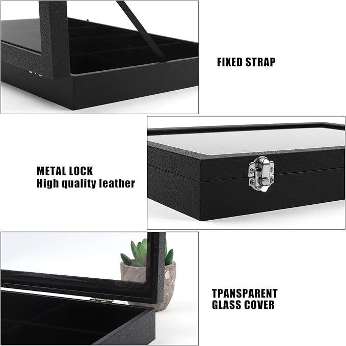 Lainrrew 12-Grid Velvet Lined Jewelry Organizer Box, Lockable & Transparent Lid, Compact Earring & Ring Holder, Durable Necklace Storage, 13.8"x9.5"x1.9", Elegant Gift-Ready Case(12 Grids)