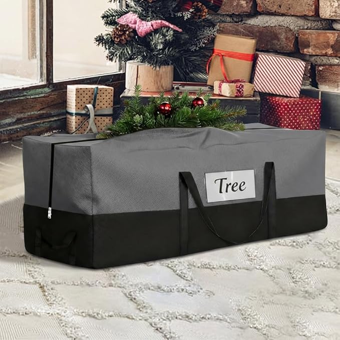 Christmas Tree Storage Bag, Fits Up 8 Ft Tall Artificial Trees-Heavy Duty Holiday Storage Box with Durable Reinforced Handles & Zipper & Transparent Pocket- 600D Oxford Tree Storage Container, Gray