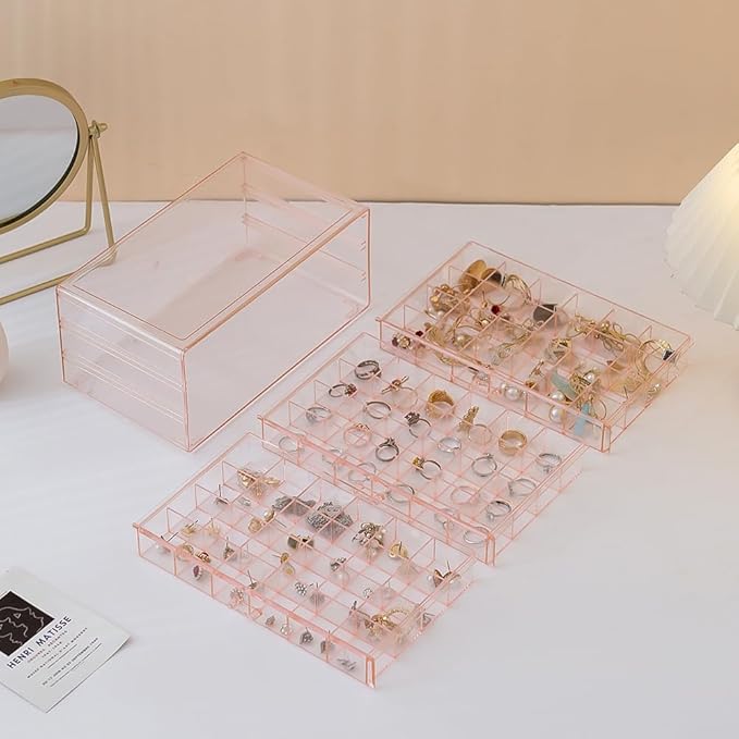 Earring Organizer Box Acrylic Stackable Jewelry Organizer with 3 Drawers 72 Small Compartments Clear Jewelry Display Stand for Stud Earring Ring Pin Display (Pink)
