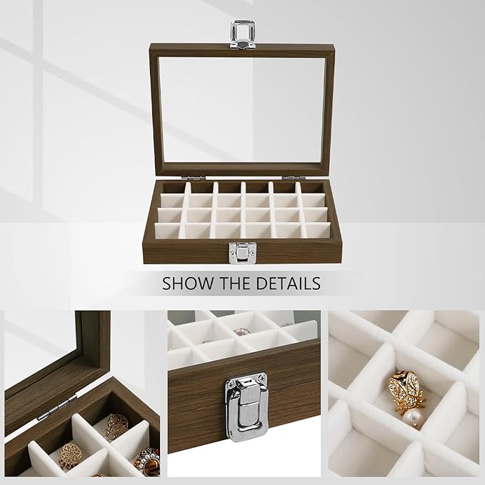 Wudygirl Wood Jewelry Organizer Small Jewelry Box Jewelry Tray with Lid Earring Organizer for Women Velvet Ring Holder Jewelry Storage Display for Drawer Earring Case 24 Grid (Beige)