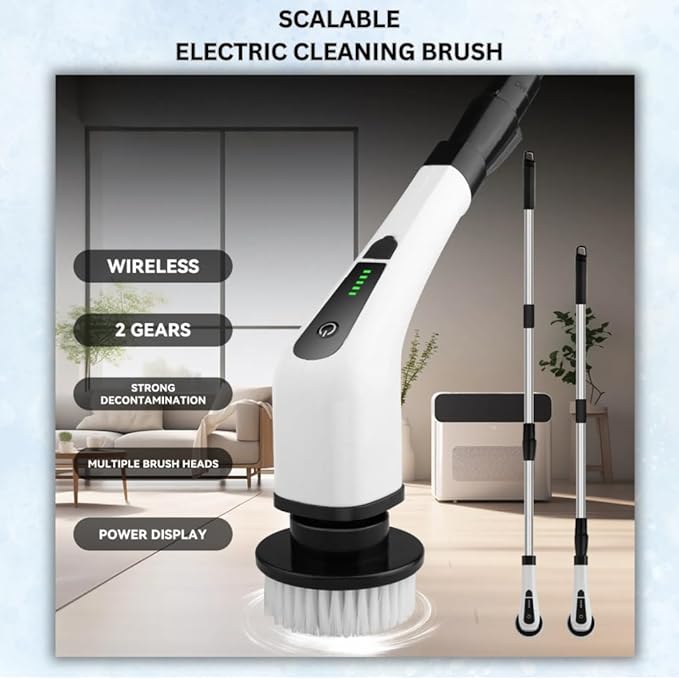 Electric Spin Scrubber, Cordless Cleaning Brush with 8 Replaceable Heads, Adjustable Handle, Dual Speed Power Scrubber for Bathroom, Bathtub, Floor, Tile, and Kitchen Cleaning