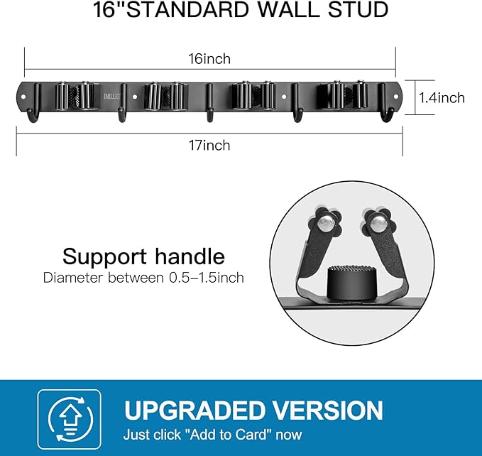 IMILLET Broom and Mop Holder Wall Mounted, Stainless Steel Broom Organizer Heavy Duty Tools Organizer Self Adhesive Mop Holder for Home Laundry Room Garage Garden (4 Racks and 5 Hooks)