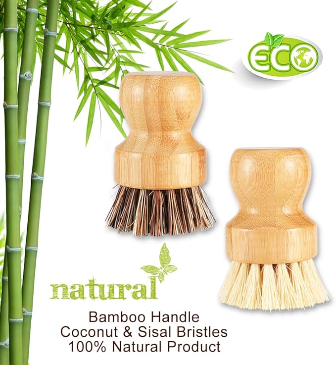 SUPERWASH PLUS Bamboo Dish Brush with Ceramic Dish, Natural Bristle Palm Brush Pot Scrubber for Cast Iron Pans Vegetables and Kitchen Sink Cleaning - 2 Pack