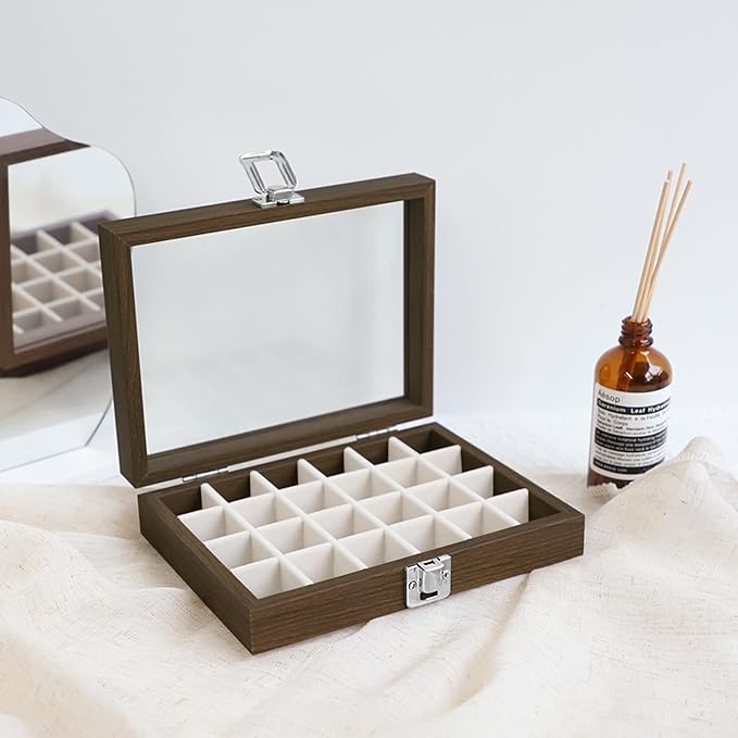 Wudygirl Wood Jewelry Organizer Small Jewelry Box Jewelry Tray with Lid Earring Organizer for Women Velvet Ring Holder Jewelry Storage Display for Drawer Earring Case 24 Grid (Beige)