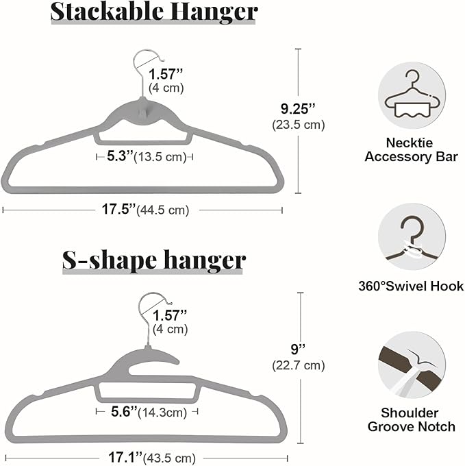 UEAKPIC Velvet Hangers 50 Pack, S-Shaped and Stackable Non Slip with 360°Swivel Hook, Ultra Thin and Space Saving Flocked, for Suits, Shirts, Coats, 15Lbs Capacity Heavy Duty, Grey