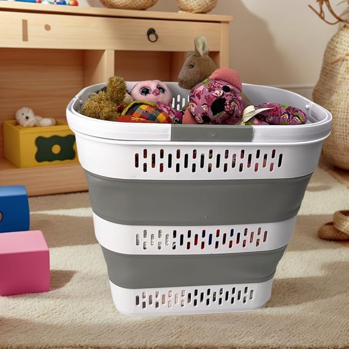 SAMMART 38L(10 Gal) Collapsible Laundry Basket - Foldable Pop-Up Storage Container/Organizer-Portable Space Saving Hamper, Measure 17.5x13.3x15.7"/3.8" Expanded/Collapsed (2, White/Grey)