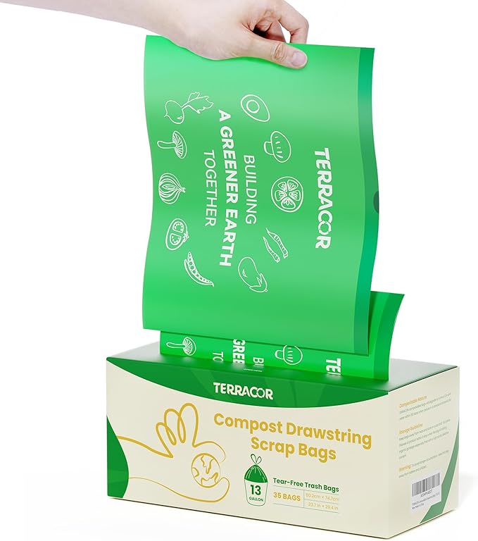 TERRACOR 13 Gallon Compostable Trash Bags Drawstring, Heavy Duty Extra Thick 1 Mil, 35 Bags, Tall Kitchen Food Scrap Waste Bag, ASTM D6400