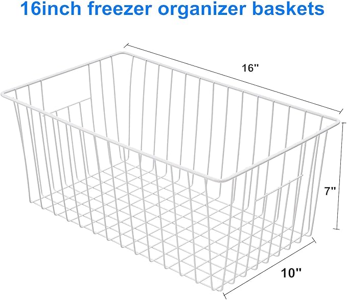 Nprohuge Upright Freezer Organizer Bins， Freezer Baskets for 16, 17, 21 cu.ft Standup Freezer, Wire Storage Baskets with Built-in Handles, 4Pcs , White