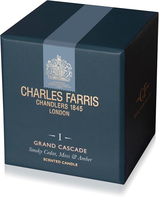 Charles Farris Luxury Scented Candle – 1 Wick, Hand-Poured, Long Lasting, Clean Burning, 210g / 7.5oz, Burns for up to 50 Hours, Made in England – Smokey Cedar, Moss & Amber – Grand Cascade