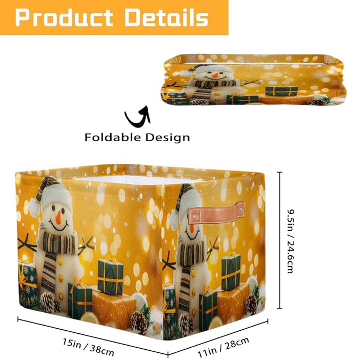 Storage Baskets Bin, Christmas Winter Snowman Collapsible Canvas Fabric Storage Bin Decorative Baskets Toy Organizer Rectangle Storage Boxes with Handles for Home Shelves Nursery, J-017
