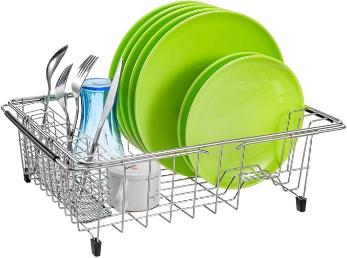 SANNO Expandable in Sink Dish Drying Rack, Large Dish Drying Rack with 4 Division Utensil Silverware Cutlery Holder, Dish Drainer Shelf Dish Rack in Sink On Counter, Rustproof Stainless Steel