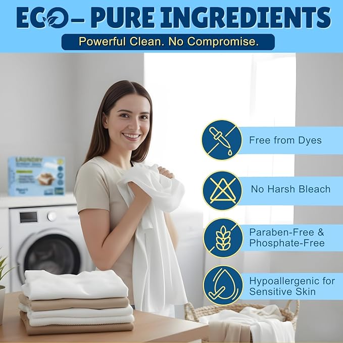Eco-Friendly Laundry Detergent Sheets, 200 Loads (100 Sheets) Fragrance Free Sheet laundry detergent, Plastic-Free laundry detergent sheets travel, Easy Storage & Liquidless Washing