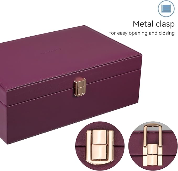 LANDICI Jewelry Box Organizer for Women, 2 Layer 4 Slot Watch Storage Case with Removable Tray, PU Leather Large Jewellery Holder Display for Watches Sunglasses Rings Earrings Necklace, Purple