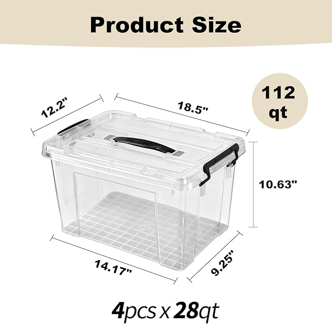 112 QT Clear Storage Bins with Lids, 4 Pack 28 QT-Stackable Plastic Organizer for Home, Office, Garage, BPA-Free, Heavy-Duty, See-Through Containers with Secure Latches & Handles