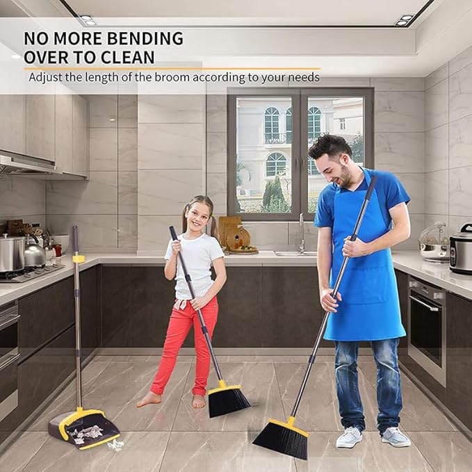 DJDTDTY 2-Pack is More economical，Upgraded Broom and Dustpan， with 52" Long Handle, Dustpan Teeth with self-Cleaning Function, Indoor and Outdoor Sweeping, Perfect for Home Office