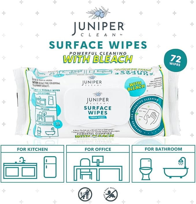 Juniper CLEAN 24 Pack Surface Cleaning Wipes with Bleach, All-Purpose Cleaner for Bathroom, Kitchen, Office, 1728 Count Soft Flow, Fresh Scent, Lint Free & Durable