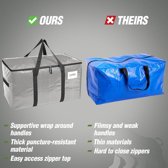 RUGGED RHINO 6 Pack Heavy Duty Extra Large Moving Bags, Durable Bag with Strong Handles and Zipper, Moving Boxes Alternative for College Packing, Holiday Décor, Space Saving Storage with Label, Silver