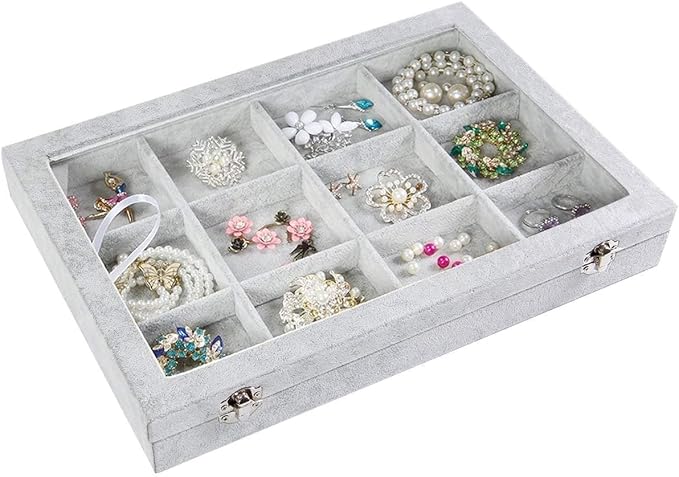 Jewelry Tray 12 Grid Velvet Jewelry Organizer with Clear Lid Transparent Earring Bracelet Organizer Holder Case with Clasp Drawer Insert for Rings Studs Gift for Women Girls (Grey)