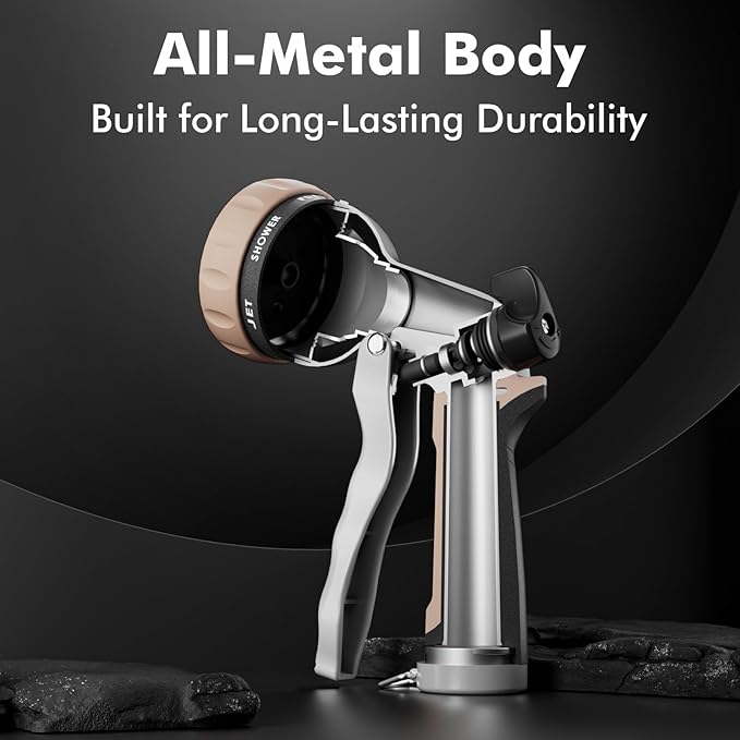RESTMO Garden Hose Nozzle, Heavy Duty Metal Water Nozzle with 7 Adjustable Spray Patterns, High Pressure Hand Sprayer with Flow Control, for Watering Plants & Lawns, Washing Cars & Pets, Gold