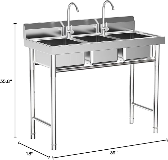 3-Basin Commercial Dishwashing Sink, 4Gal Stainless Steel Utility Sink, Heavy Duty Washing Station Food Prep Table for Restaurant Kitchen Laundry Canteen Bar