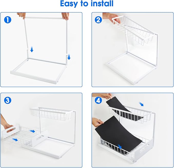 UINOFLE Under Sink Organizer, 2 Tier Pull-Out Cabinet Storage Shelf, Rust-Resistant Metal Organizer for Kitchen Bathroom Laundry Room, No Tools Installation, 1 Pack White