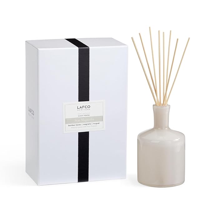 LAFCO New York Signature Reed Diffuser, Star Magnolia - 15 oz - Up to 9 Months Fragrance Life - Reusable, Hand Blown Glass Vessel - Natural Wood Reeds - Made in The USA