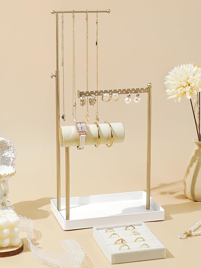 Jenseits Jewelry Organizer Stand with Ring Holder - 3-Tier Gold Jewelry Holder Tower with Velvet Tray, Necklace Holder, Bracelet & Earring Display Stand for Women, Gift for Her