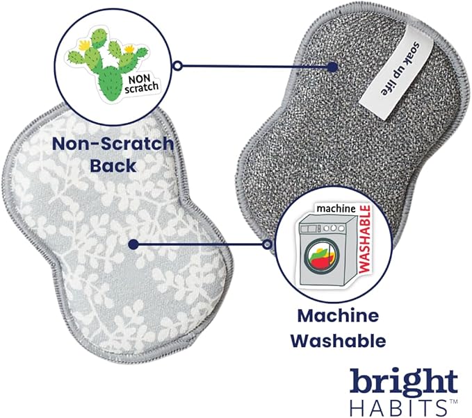 Bright Habits Sponge Set in Laurel Grey, 6 Pack Super Absorbent Washable Reusable Cleaning Sponges Made from Recycled Materials, Durable Eco Friendly Kitchen Sponges