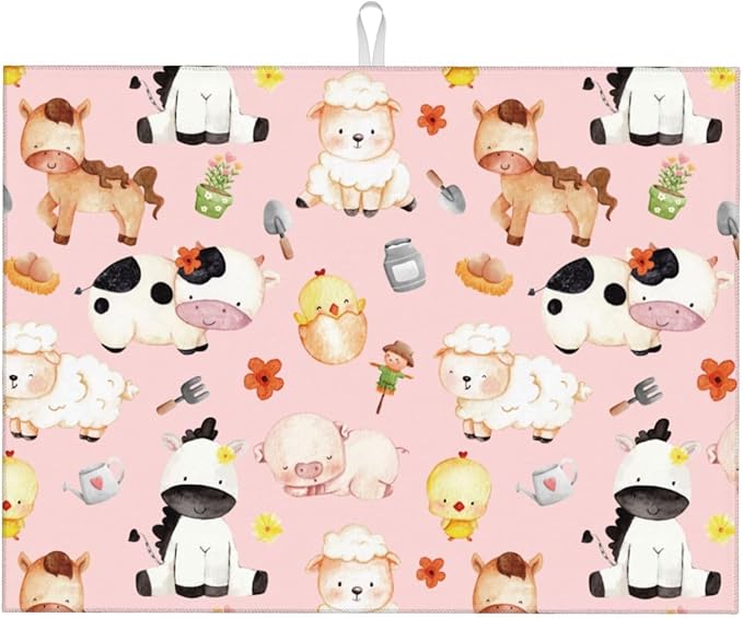 Pink Farm Animal Dish Drying Mat for Kitchen Counter Cute Kitchen Mat Microfiber Kitchen Countertop Absorbent Reversible Drainer Rack Pad Dish Drying Mat 18 x 24 Inch