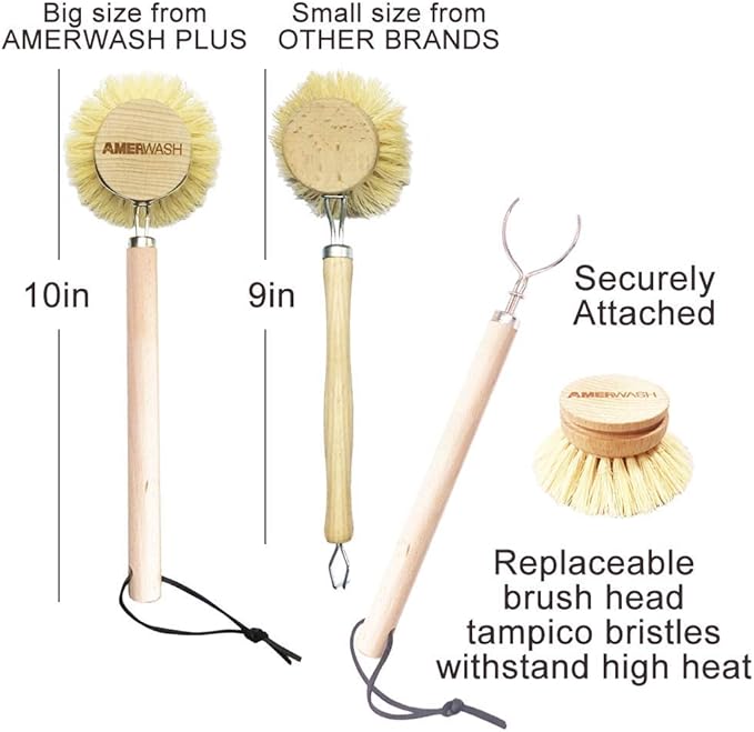 AMERWASH PLUS Dish Brush with Wooden Handle, Natural Kitchen Brush for Dishes Vegetable, Pots and Pans, Tampico Fiber Bristles Scrubber, Extra 3 Pack Replacement Head Included