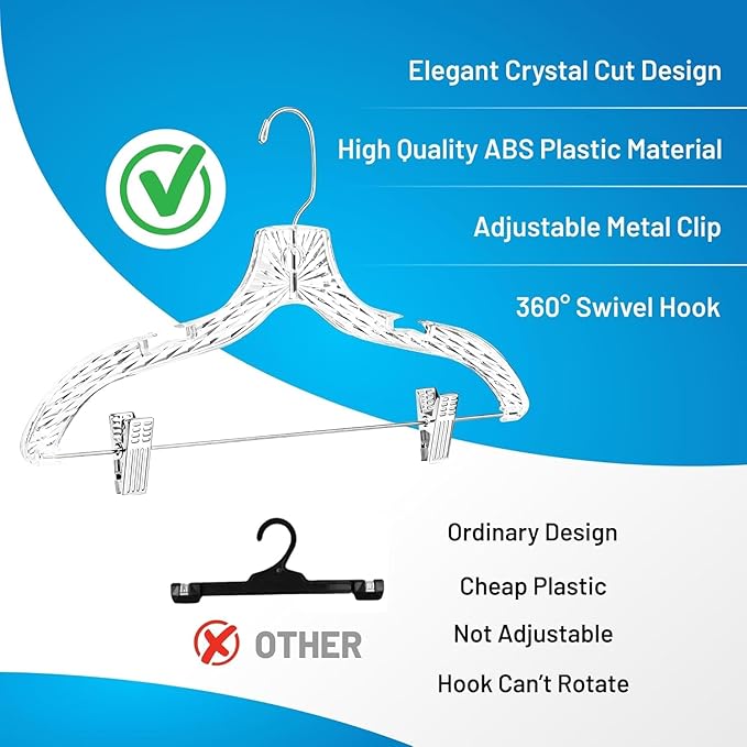 Clothes Hangers with Clips Plastic Set of 100 Pack Heavy Duty Hangers Dresses, T-Shirts Shirt Suit Hangers for Closet Organization Crystal Clear Hanger Pants Skirt Hanger Women and Men