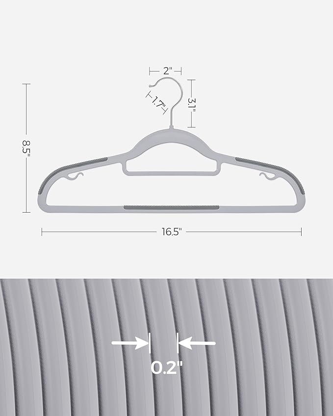 SONGMICS Pack of 50 Coat Hangers, Space-Saving Plastic Clothes Hangers, Non-Slip, 0.2 Inches Slim, 16.5 Inches Wide, 360° Swivel Silver Hook, Light Gray and Dark Gray UCRP20G50