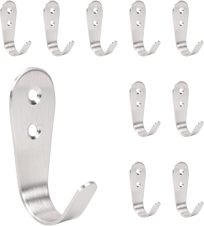 NearMoon Coat Hooks Wall Mounted, Stainless Steel Wall Hooks Heavy Duty Robe Hanger Rustproof for Hanging Coat Towel Hat Key Bag on Bathroom/Kitchen, 10 Pack (Brushed Nickel)