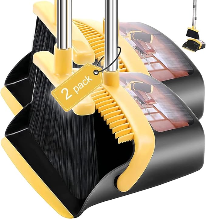 DJDTDTY 2-Pack is More economical，Upgraded Broom and Dustpan， with 52" Long Handle, Dustpan Teeth with self-Cleaning Function, Indoor and Outdoor Sweeping, Perfect for Home Office