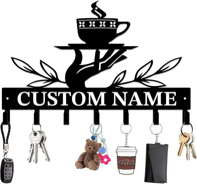 Personalized Custom Name Coffee Bar Wall Keys Hooks,Metal Coffee Shop Art Clothes Hooks,Metal Coffee Lover Wall Home Storage Decorative,For Front Door, Hallway, Kitchen, Bedroom,Keys,Hats (Style C)