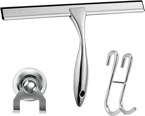 12'' Light Weight Stainless Steel Shower Squeegee for Glass Doors with 4 Pieces Set (1 Window Squeegee, 1 Door Hook and 2 Adhesive Hooks) Perfect Cleaning Tool for Car, Window, Bathroom Mirror