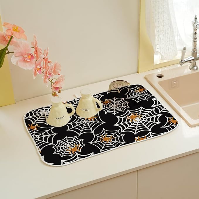 Halloween Dish Drying Mat 18 x 24 Inch Spider Web Drying Mat for Kitchen Counter Absorbent Spiders Black Dishes Dry Pad for Drainer Rack Kitchen Fast Dry