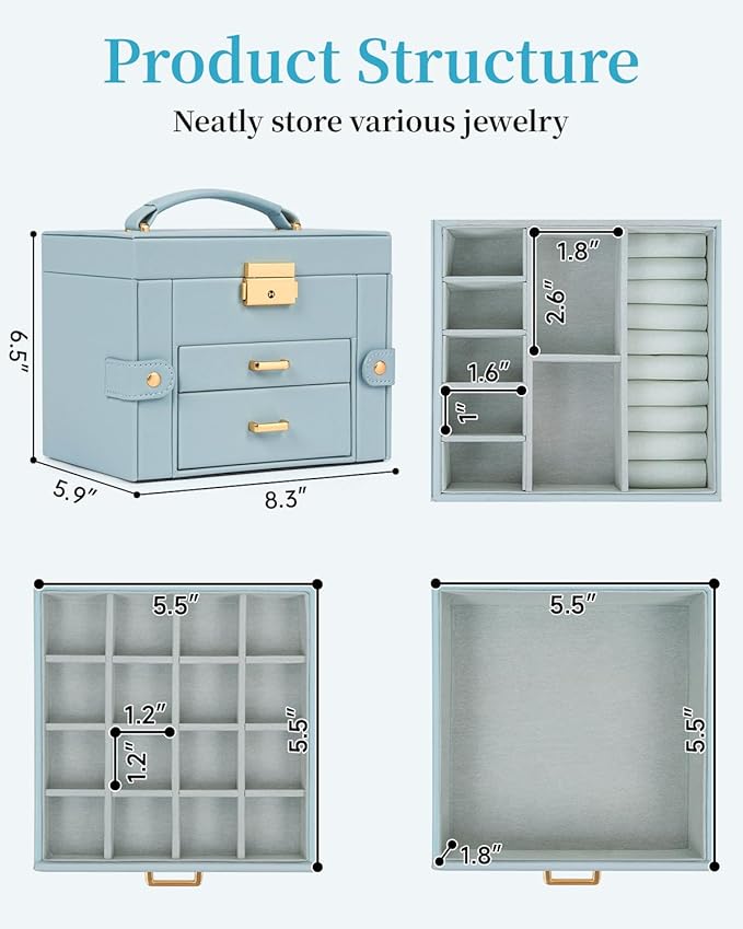 TORIBIO Jewelry Box for Women, Leather Jewelry Organizer with Mirror & Lock, 3-Tier Jewelry Storage Organizer with 2 Drawers for Girls/Women/Mothers, Necklace Earring Bracelets Holder Organizer