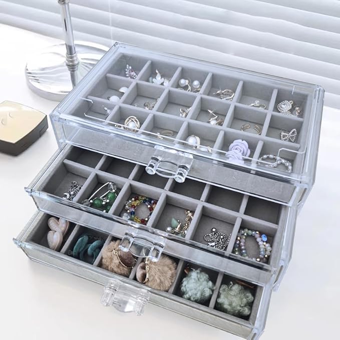 Acrylic Earring Organizer Box with 3 Drawers Clear Stud Earrings Holder Organizer with Velvet Trays Stackable Jewelry Organizer Box 54 Grids Earring Display Case for Women Girls (Grey)
