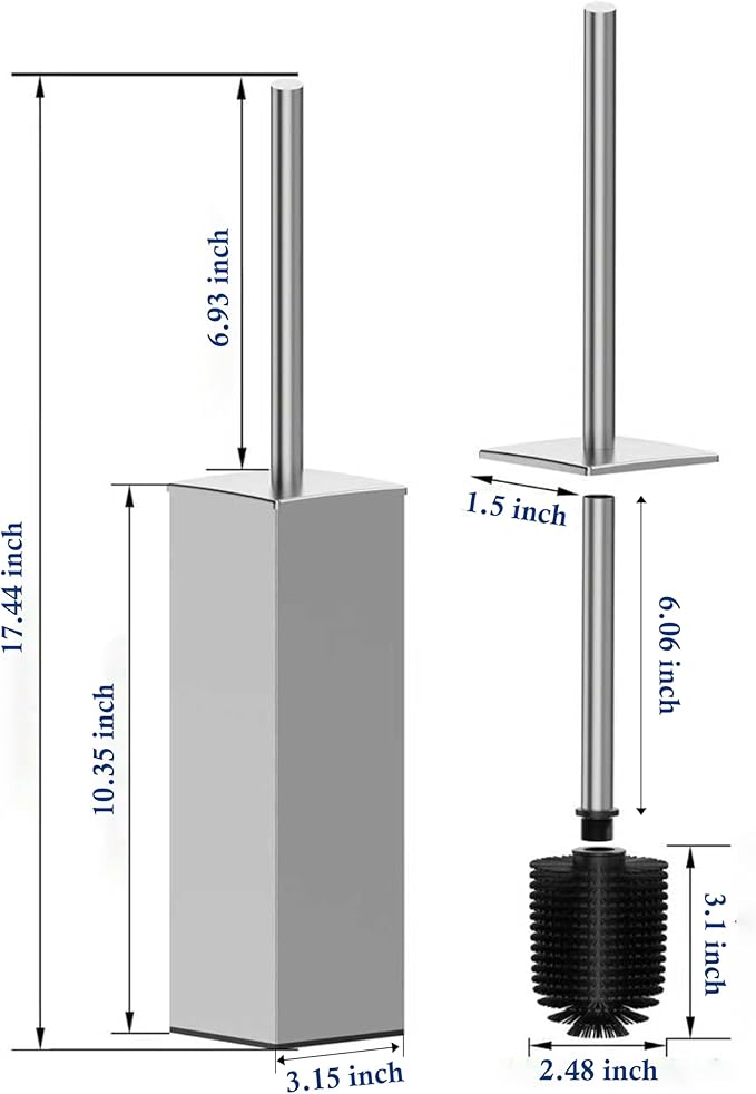 RUACQ Toilet Brush and Holder Set 2pcs,Square Toilet Bowl Brush for Bathroom with 304 Stainless Steel Handle Toilet Cleaner Brush with Durable Scrubbing Bristles,Splash-Proof (Brushed Nickel)