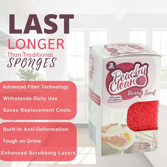 Peachy Clean Silicone Dish Sponge Scrubbers, Fresh Berry Scent, Non-Scratch, Odor-Resistant, Durable Dish Sponges for Kitchen 3pk
