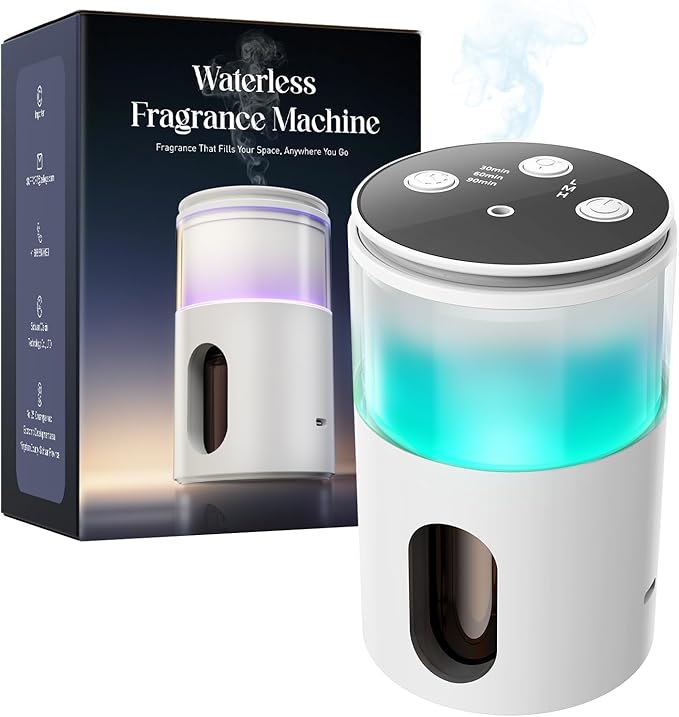 Waterless Diffuser for Essential Oil: Mini Battery Scent Diffuser for Room&Home&Car with 9 Colors LED Light - Aroma Cool Mist Machine Snow White