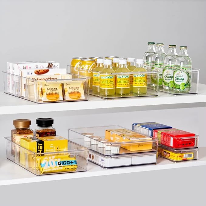 vacane Plastic Pantry Organization and Storage Bins with Removable Dividers, Pantry Organization Refrigerator Organizer Bins, Cabinet Organizers, 2 Pack 13.8" XL