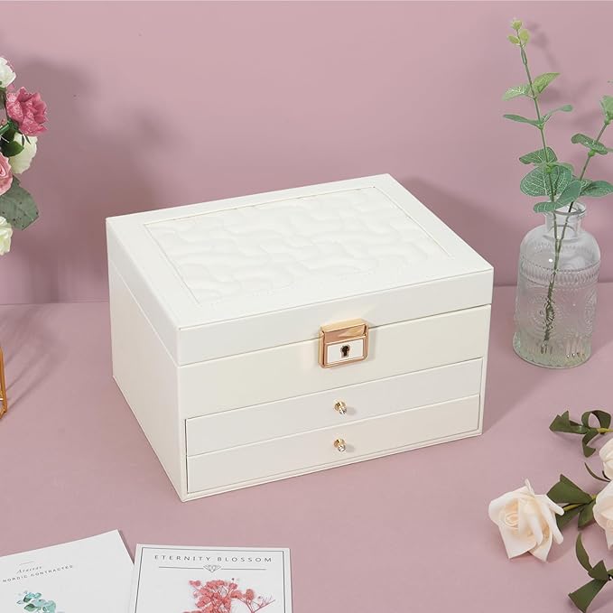 DesignSter Jewelry Box,Jewelry Organizer with 2 Drawers, 3 Layers Leather Jewelry Storage Box with Lock, Jewelry Storage Case for Necklaces Earrings Bracelets and Rings（Beige）