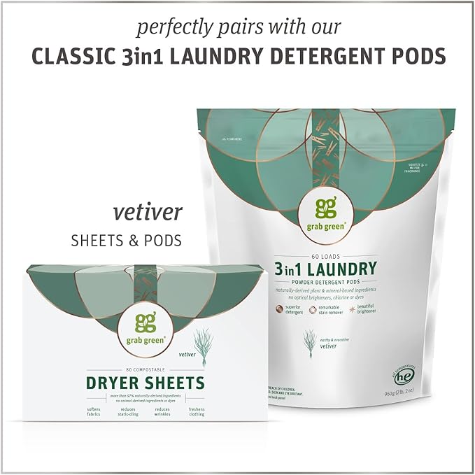 Grab Green Dryer Sheets, 160 Sheets, Vetiver Scent, Plant Based, Softens Fabrics, Reduces Static Cling and Wrinkles